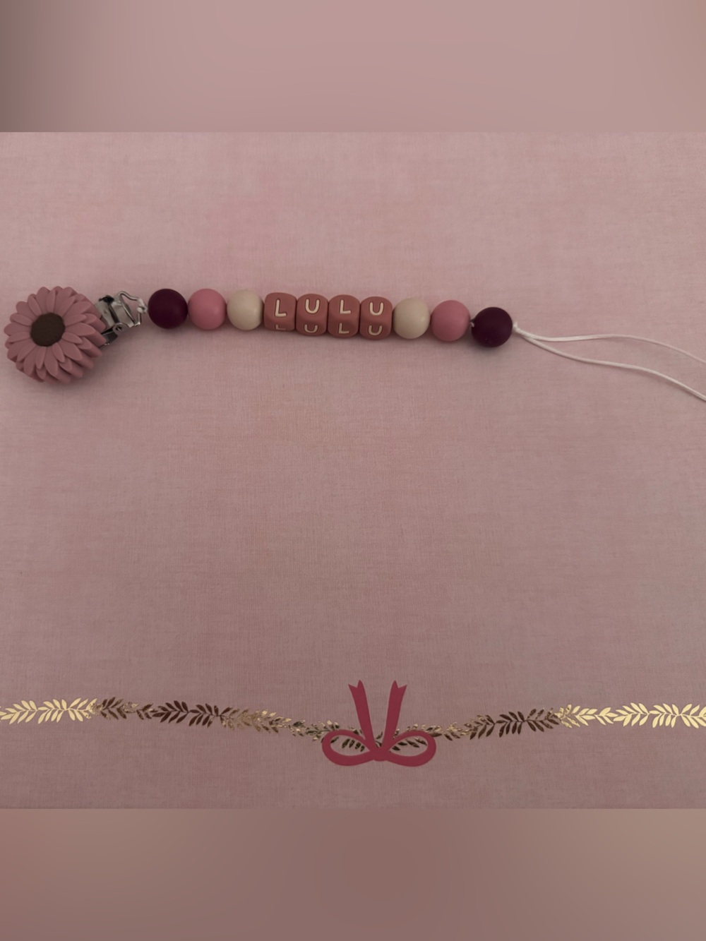 Pink and Mauve Beaded Pacifier Clip Monogrammed “LULU”